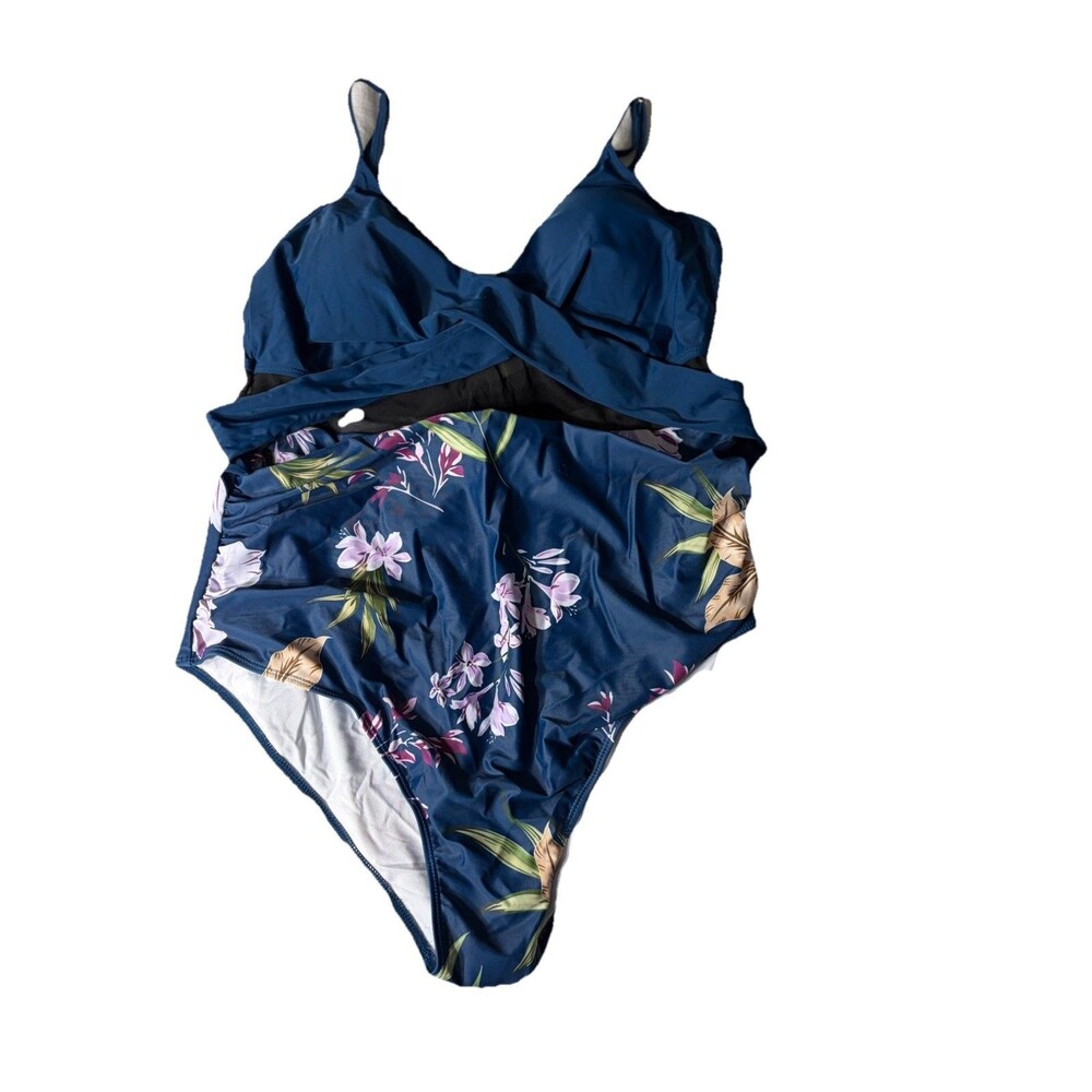 Womens XXL Blue Floral One Piece Swimsuit Mesh Cut Out Bathing Suit